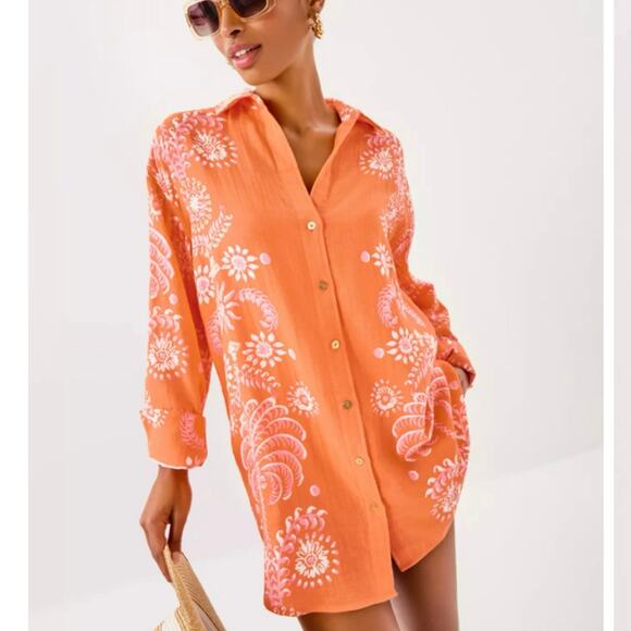 Lilly Pulitzer Kwitney Long Sleeve V Neck Button Front Coverup Tunic Medium - Picture 1 of 11